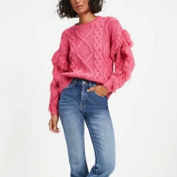 Vici Sun Goes Down Cable Knit Fringe Magenta Pink Pullover Sweater NEW - Picture 2 of 6